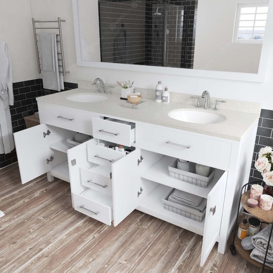 Caroline 72" Double Bath Vanity in White with White Quartz Top and Round Sinks with Brushed Nickel Faucets and Matching Mirro