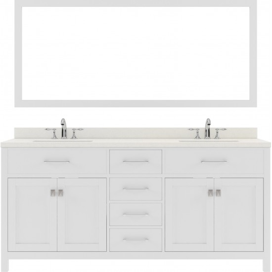 Caroline 72" Double Bath Vanity in White with White Quartz Top and Round Sinks with Polished Chrome Faucets and Matching Mirr