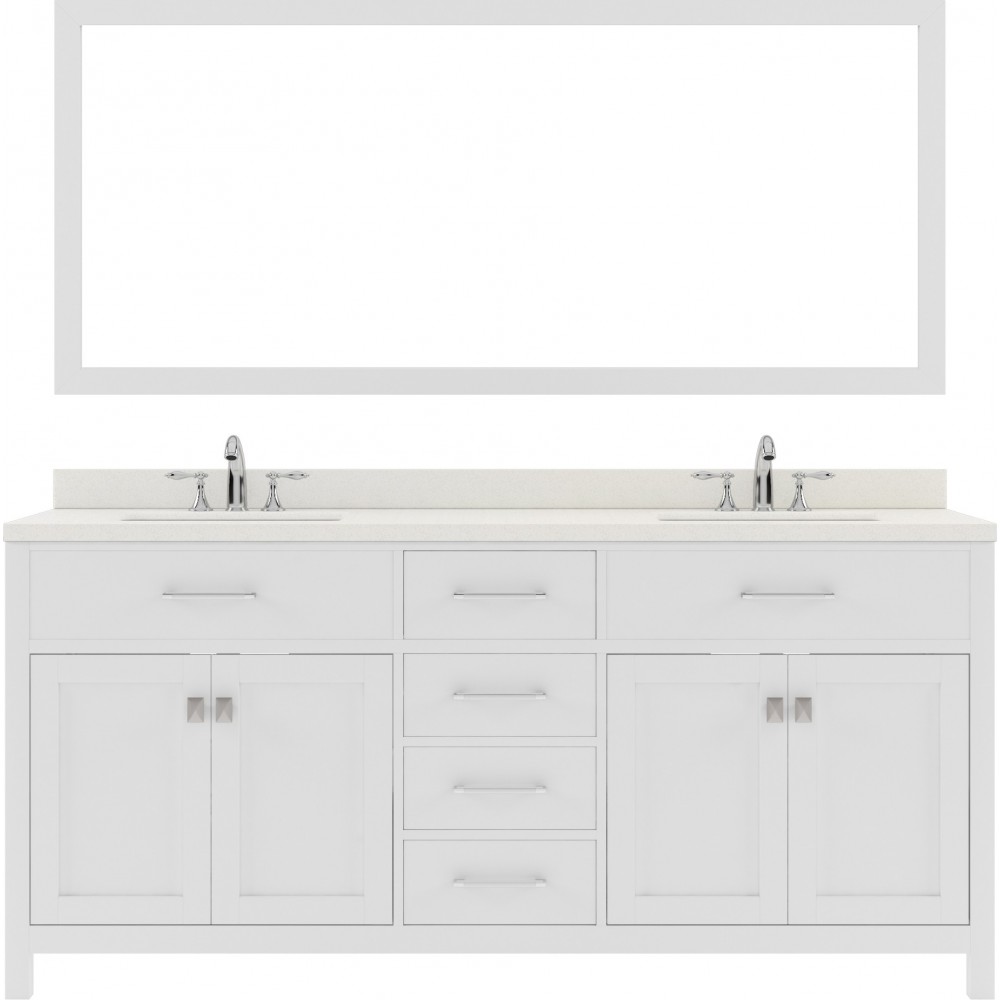 Caroline 72" Double Bath Vanity in White with White Quartz Top and Round Sinks with Polished Chrome Faucets and Matching Mirr