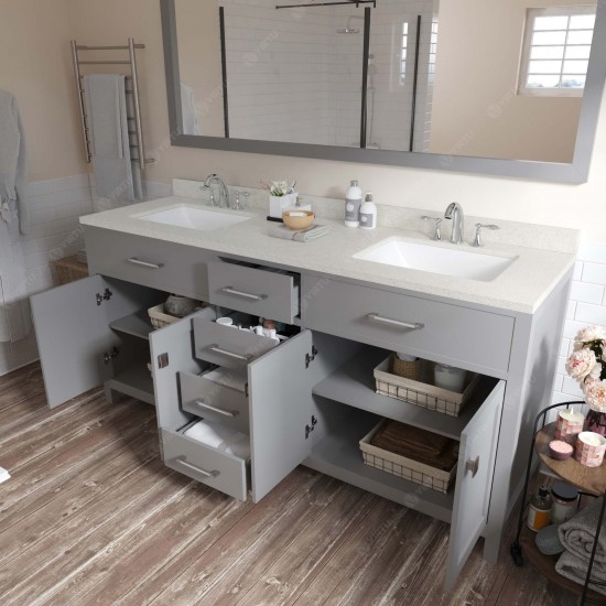 Caroline 72" Double Bath Vanity in Cashmere Gray with White Quartz Top and Square Sinks with Brushed Nickel Faucets and Mirro