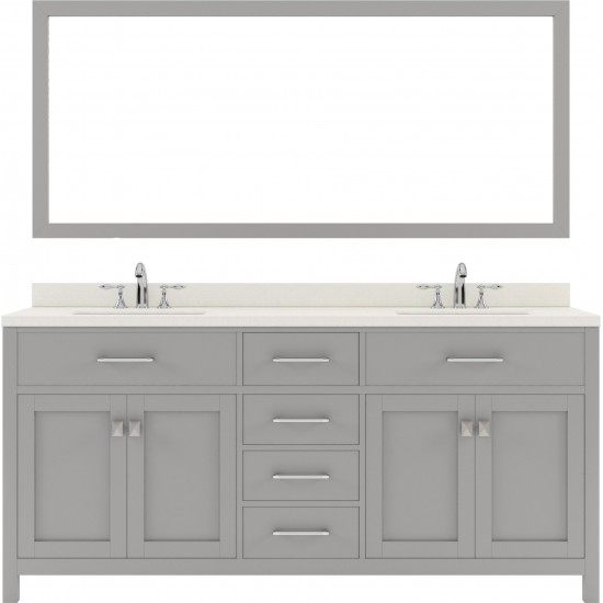 Caroline 72" Double Bath Vanity in Cashmere Gray with White Quartz Top and Square Sinks with Polished Chrome Faucets and Mirr