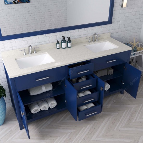 Caroline 72" Double Bath Vanity in French Blue with White Quartz Top and Square Sinks and Matching Mirror