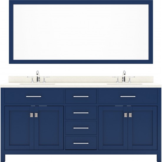 Caroline 72" Double Bath Vanity in French Blue with White Quartz Top and Square Sinks with Polished Chrome Faucets and Mirror