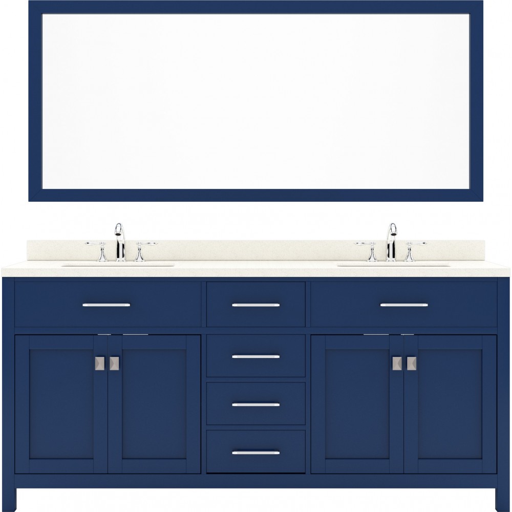 Caroline 72" Double Bath Vanity in French Blue with White Quartz Top and Square Sinks with Polished Chrome Faucets and Mirror