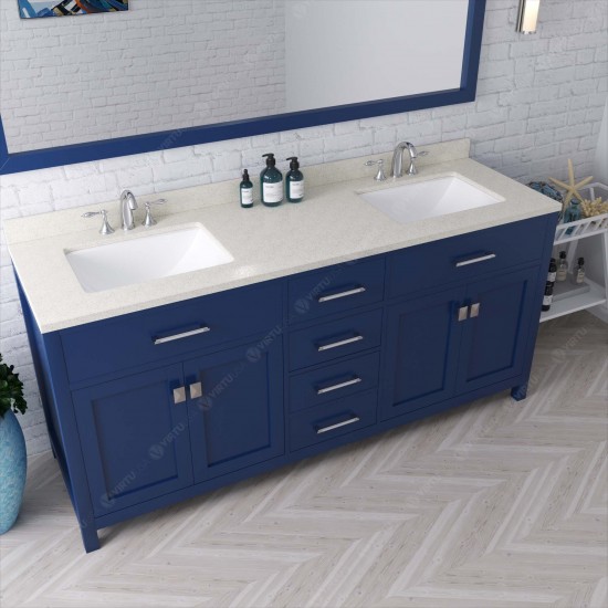 Caroline 72" Double Bath Vanity in French Blue with White Quartz Top and Square Sinks with Polished Chrome Faucets and Mirror