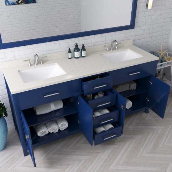 Caroline 72" Double Bath Vanity in French Blue with White Quartz Top and Square Sinks with Polished Chrome Faucets and Mirror