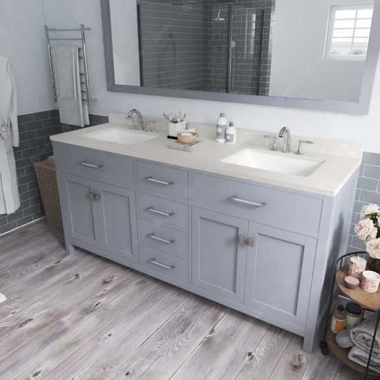 Caroline 72" Double Bath Vanity in Gray with White Quartz Top and Square Sinks with Brushed Nickel Faucets and Matching Mirro