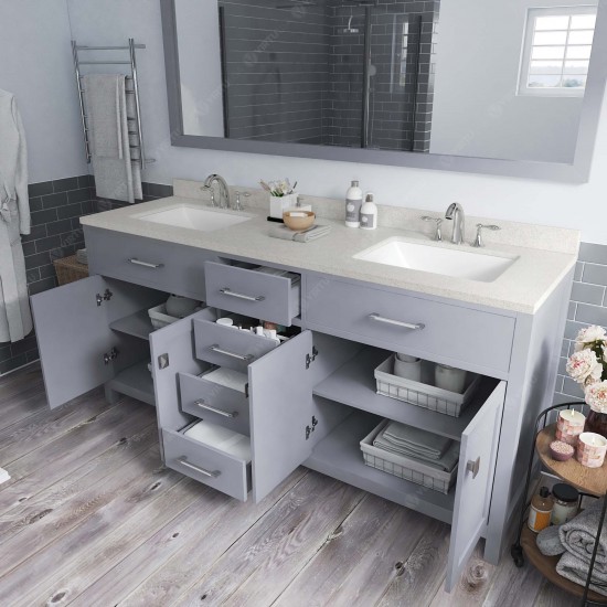 Caroline 72" Double Bath Vanity in Gray with White Quartz Top and Square Sinks with Brushed Nickel Faucets and Matching Mirro