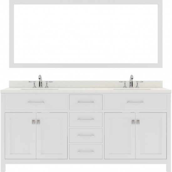 Caroline 72" Double Bath Vanity in White with White Quartz Top and Square Sinks with Polished Chrome Faucets and Matching Mir