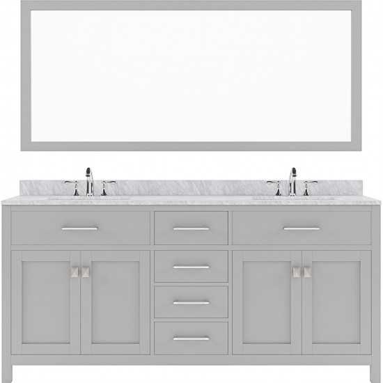 Caroline 72" Double Bath Vanity in Cashmere Gray with White Marble Top and Round Sinks and Matching Mirror