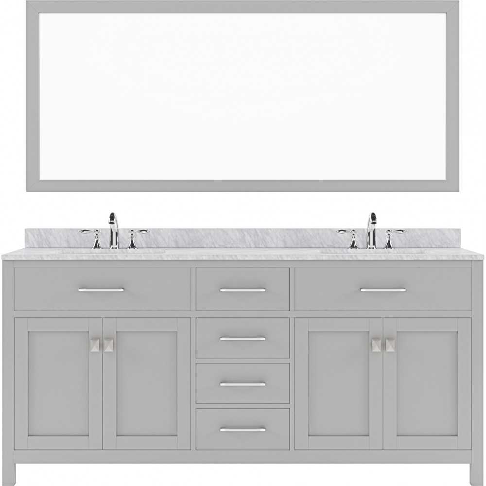 Caroline 72" Double Bath Vanity in Cashmere Gray with White Marble Top and Round Sinks and Matching Mirror