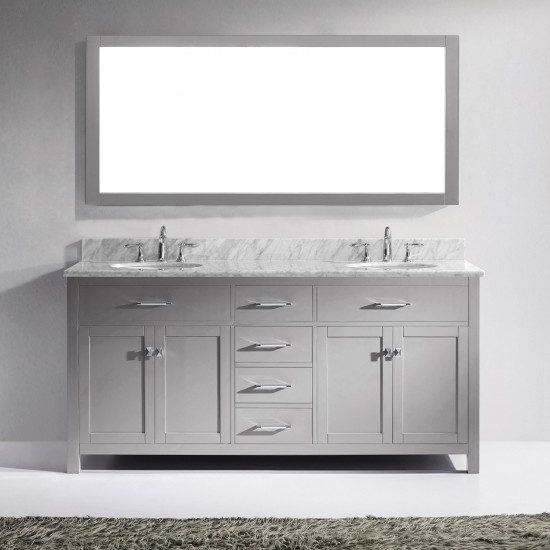 Caroline 72" Double Bath Vanity in Cashmere Gray with White Marble Top and Round Sinks and Matching Mirror