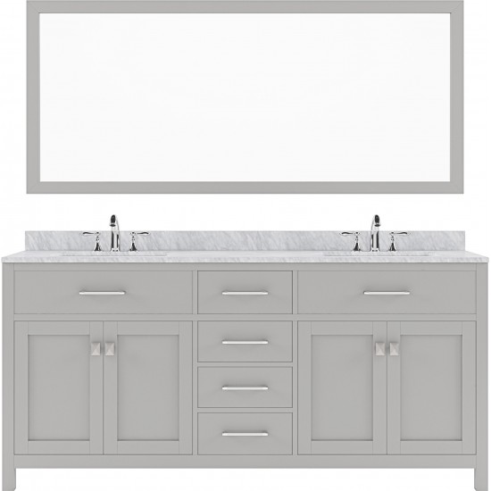 Caroline 72" Double Bath Vanity in Cashmere Gray with White Marble Top and Round Sinks with Brushed Nickel Faucets and Mirror