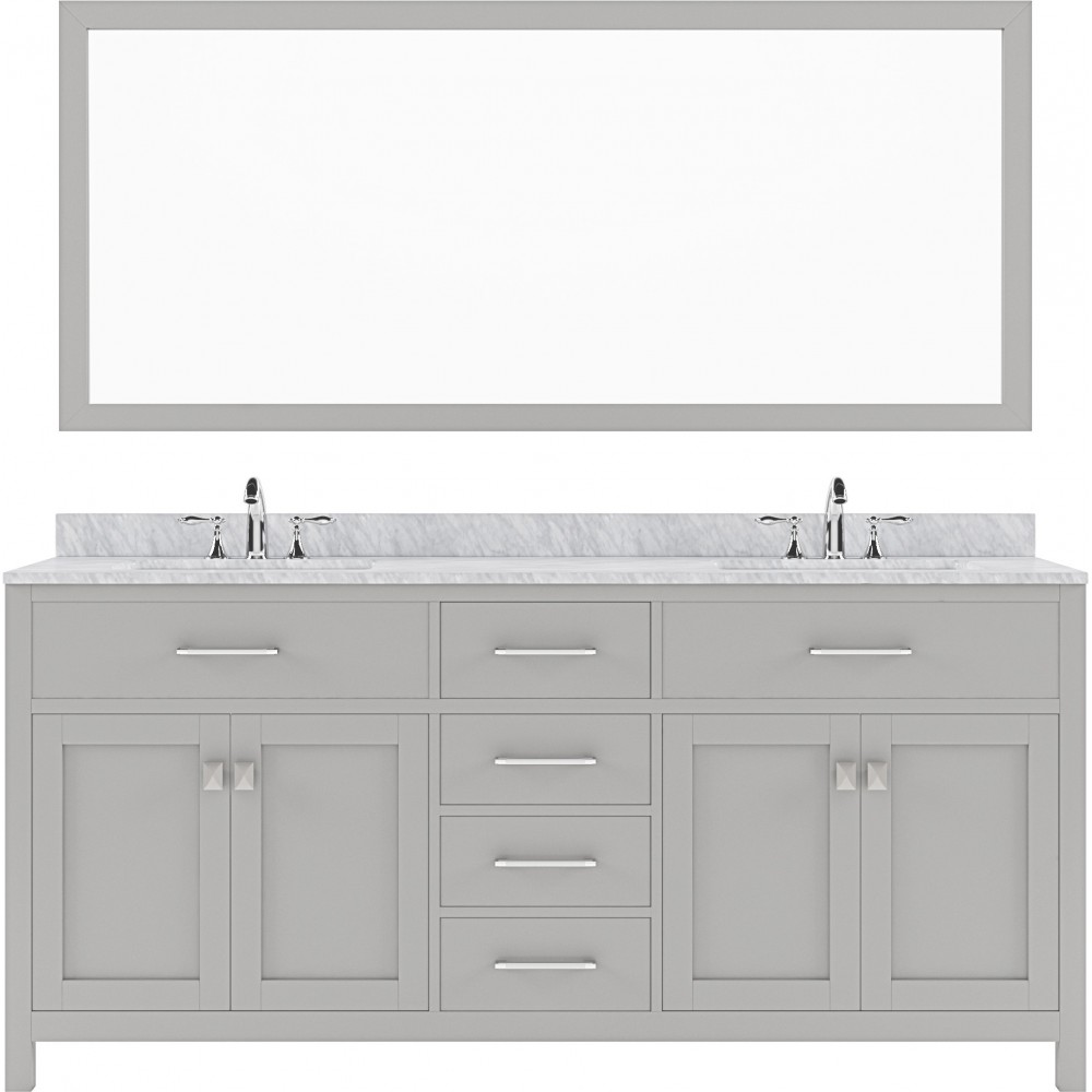 Caroline 72" Double Bath Vanity in Cashmere Gray with White Marble Top and Round Sinks with Brushed Nickel Faucets and Mirror