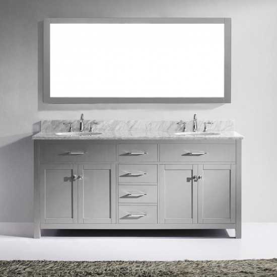 Caroline 72" Double Bath Vanity in Cashmere Gray with White Marble Top and Round Sinks with Brushed Nickel Faucets and Mirror