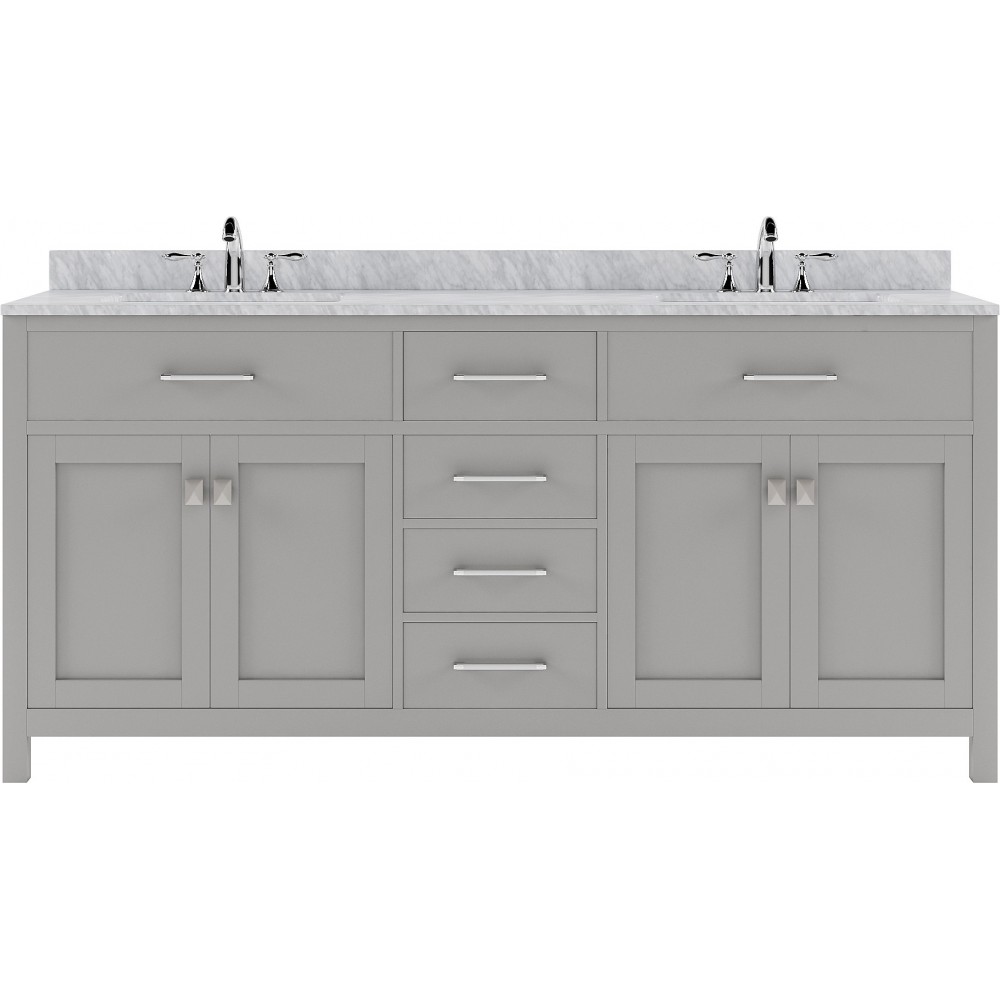 Caroline 72" Double Bath Vanity in Cashmere Gray with White Marble Top and Round Sinks with Brushed Nickel Faucets