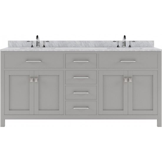 Caroline 72" Double Bath Vanity in Cashmere Gray with White Marble Top and Round Sinks with Polished Chrome Faucets