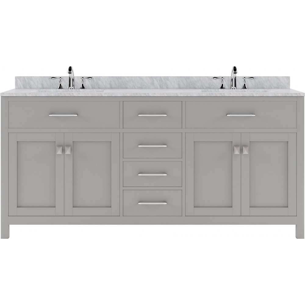 Caroline 72" Double Bath Vanity in Cashmere Gray with White Marble Top and Round Sinks with Polished Chrome Faucets