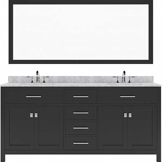 Caroline 72" Double Bath Vanity in Espresso with White Marble Top and Round Sinks and Matching Mirror