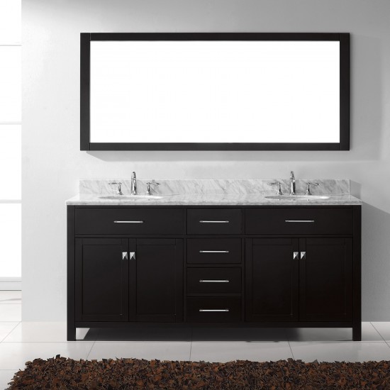 Caroline 72" Double Bath Vanity in Espresso with White Marble Top and Round Sinks and Matching Mirror