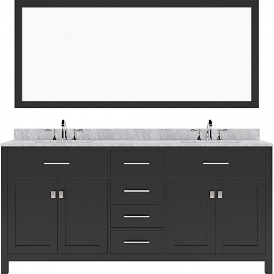 Caroline 72" Double Bath Vanity in Espresso with White Marble Top and Round Sinks with Brushed Nickel Faucets and Mirror