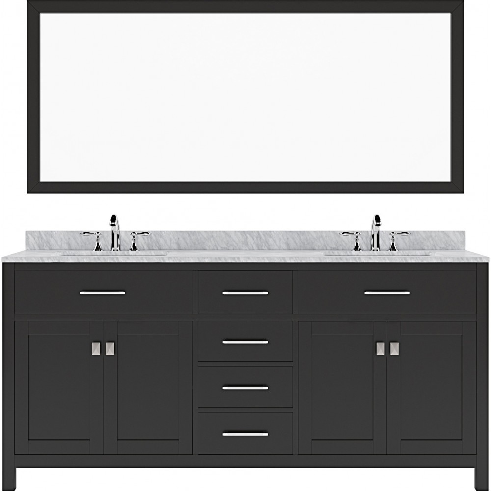 Caroline 72" Double Bath Vanity in Espresso with White Marble Top and Round Sinks with Brushed Nickel Faucets and Mirror