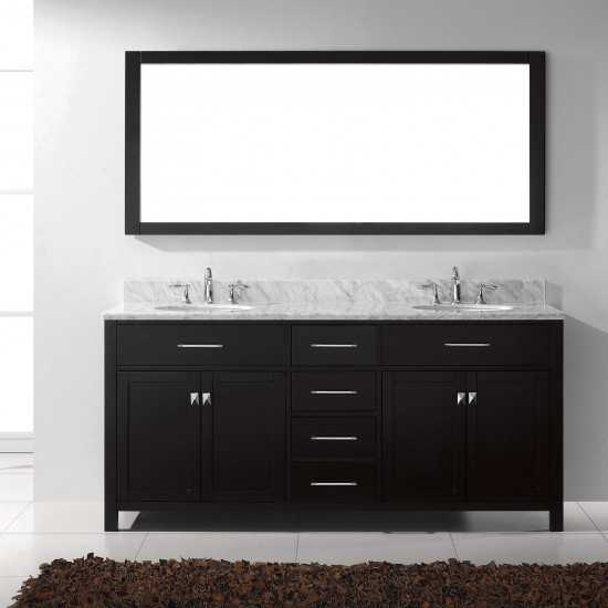 Caroline 72" Double Bath Vanity in Espresso with White Marble Top and Round Sinks with Brushed Nickel Faucets and Mirror