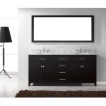 Caroline 72" Double Bath Vanity in Espresso with White Marble Top and Round Sinks with Brushed Nickel Faucets and Mirror