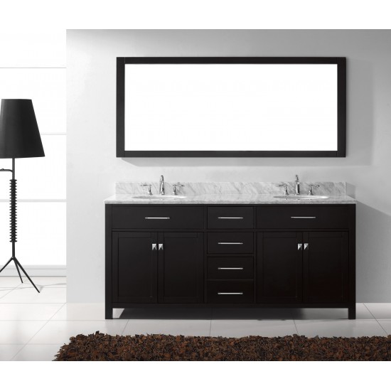 Caroline 72" Double Bath Vanity in Espresso with White Marble Top and Round Sinks with Brushed Nickel Faucets and Mirror