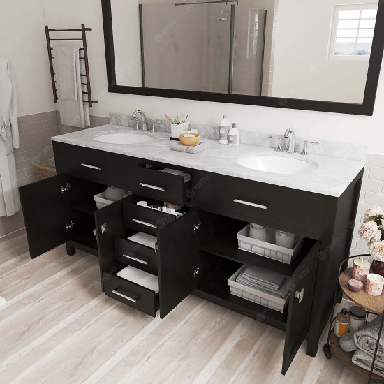 Caroline 72" Double Bath Vanity in Espresso with White Marble Top and Round Sinks with Brushed Nickel Faucets and Mirror