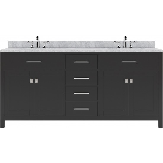 Caroline 72" Double Bath Vanity in Espresso with White Marble Top and Round Sinks with Brushed Nickel Faucets