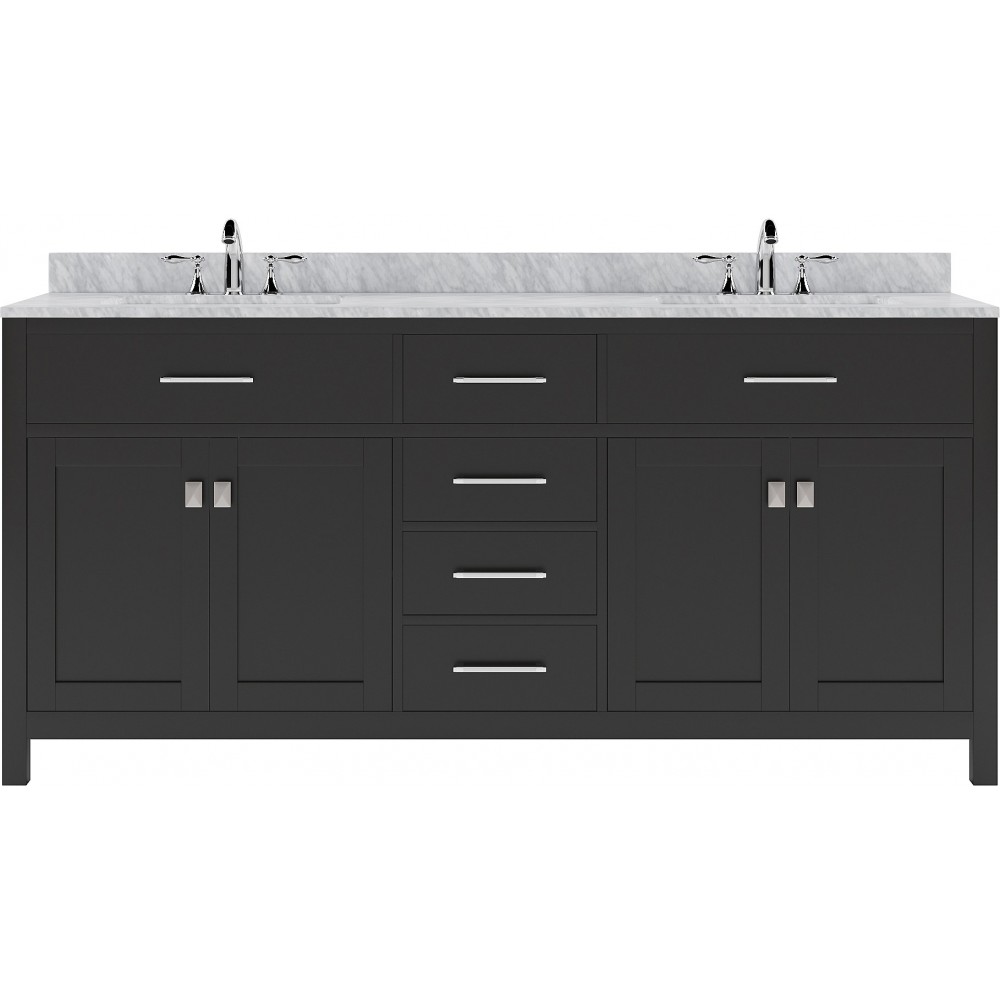 Caroline 72" Double Bath Vanity in Espresso with White Marble Top and Round Sinks with Brushed Nickel Faucets