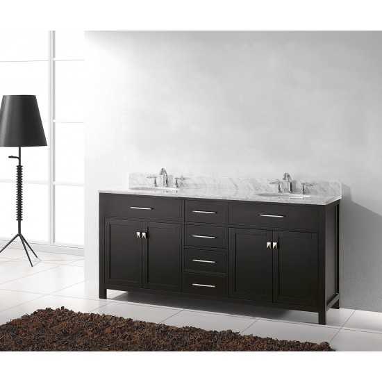 Caroline 72" Double Bath Vanity in Espresso with White Marble Top and Round Sinks with Brushed Nickel Faucets