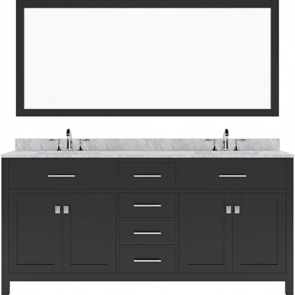 Caroline 72" Double Bath Vanity in Espresso with White Marble Top and Round Sinks with Polished Chrome Faucets and Mirror