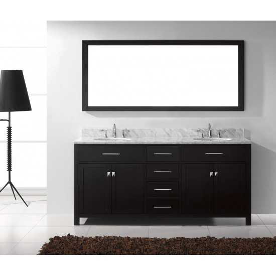 Caroline 72" Double Bath Vanity in Espresso with White Marble Top and Round Sinks with Polished Chrome Faucets and Mirror