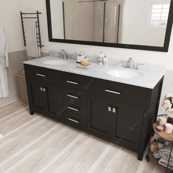 Caroline 72" Double Bath Vanity in Espresso with White Marble Top and Round Sinks with Polished Chrome Faucets and Mirror