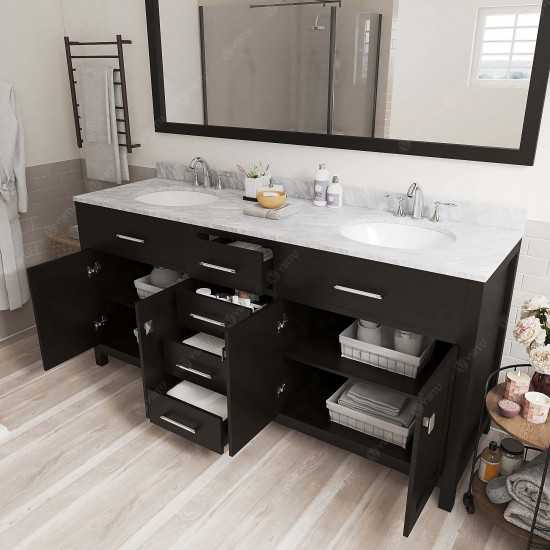 Caroline 72" Double Bath Vanity in Espresso with White Marble Top and Round Sinks with Polished Chrome Faucets and Mirror