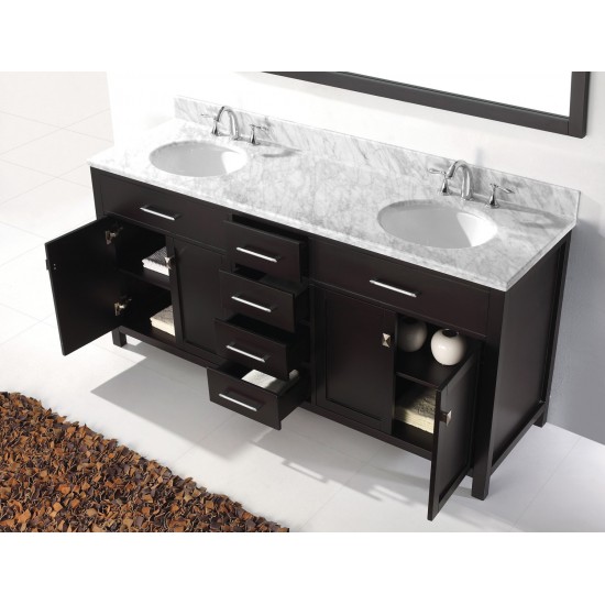 Caroline 72" Double Bath Vanity in Espresso with White Marble Top and Round Sinks with Polished Chrome Faucets and Mirror