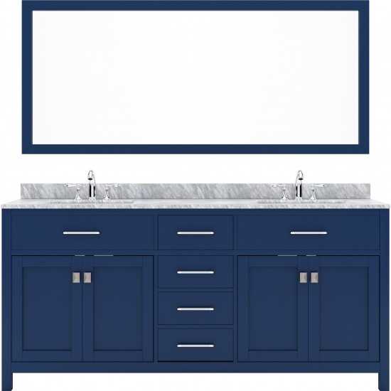 Caroline 72" Double Bath Vanity in French Blue with White Marble Top and Round Sinks and Matching Mirror