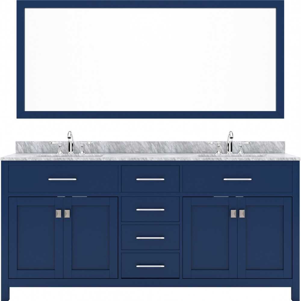 Caroline 72" Double Bath Vanity in French Blue with White Marble Top and Round Sinks and Matching Mirror