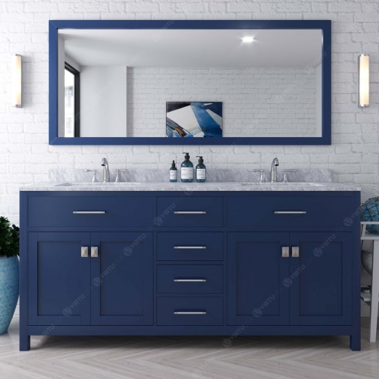 Caroline 72" Double Bath Vanity in French Blue with White Marble Top and Round Sinks and Matching Mirror