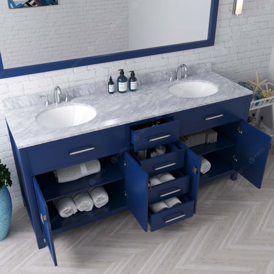 Caroline 72" Double Bath Vanity in French Blue with White Marble Top and Round Sinks and Matching Mirror