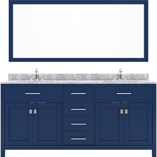 Caroline 72" Double Bath Vanity in French Blue with White Marble Top and Round Sinks with Polished Chrome Faucets and Mirror