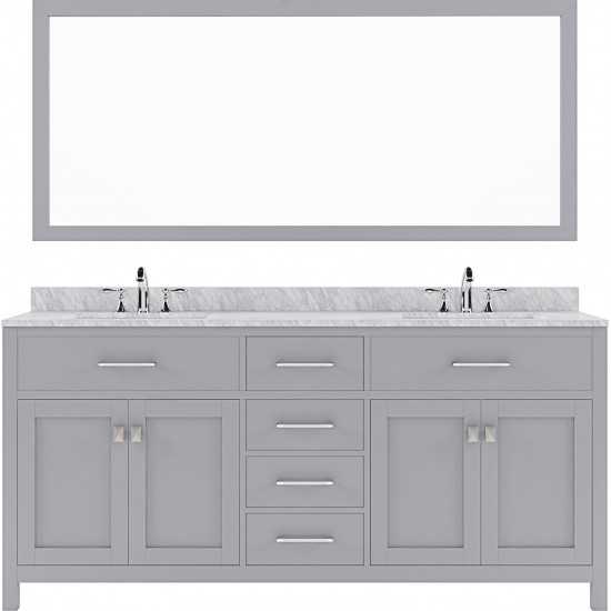 Caroline 72" Double Bath Vanity in Gray with White Marble Top and Round Sinks and Matching Mirror