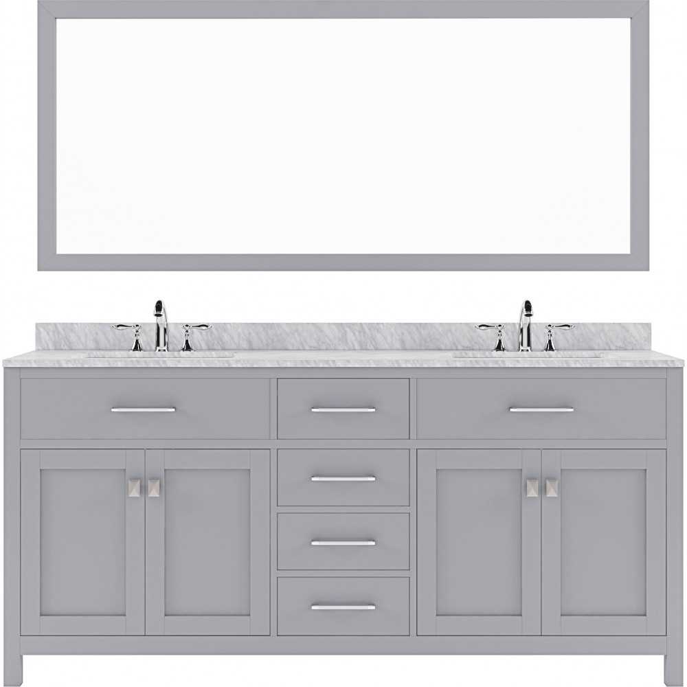 Caroline 72" Double Bath Vanity in Gray with White Marble Top and Round Sinks and Matching Mirror