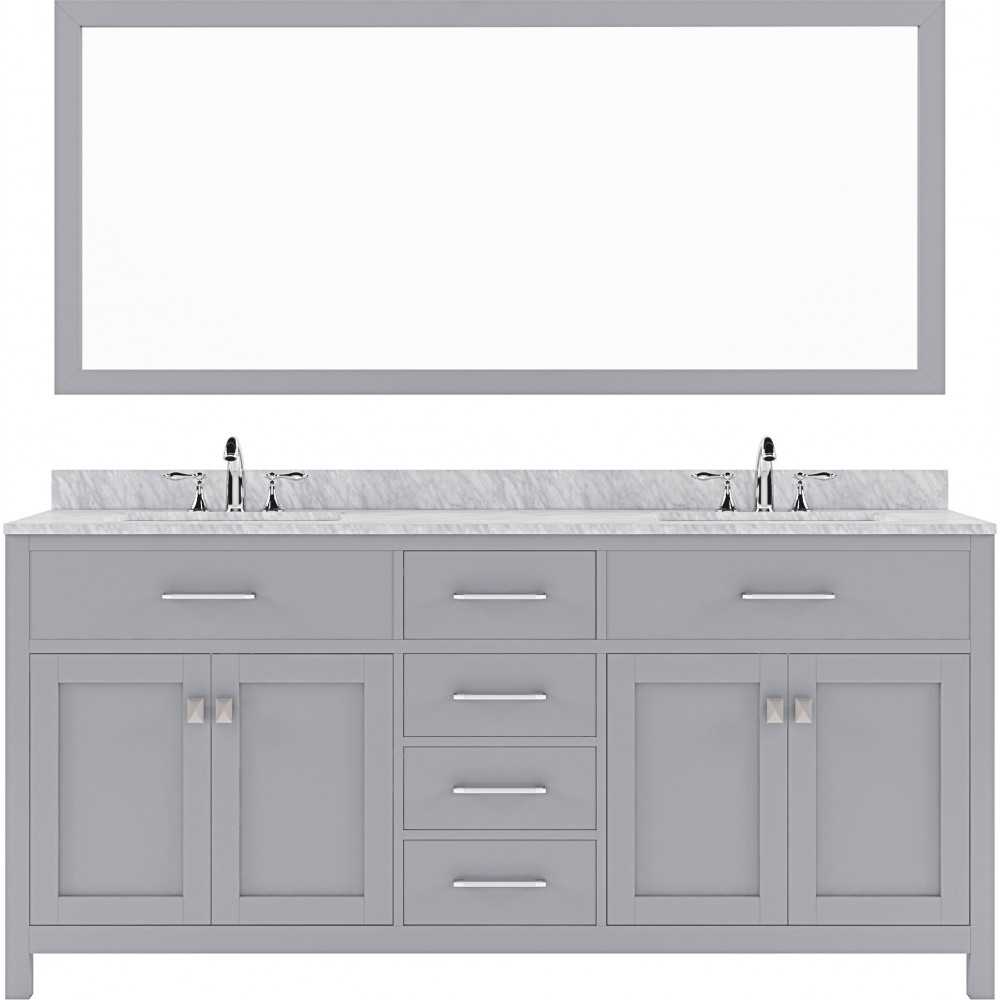 Caroline 72" Double Bath Vanity in Gray with White Marble Top and Round Sinks with Brushed Nickel Faucets and Matching Mirror