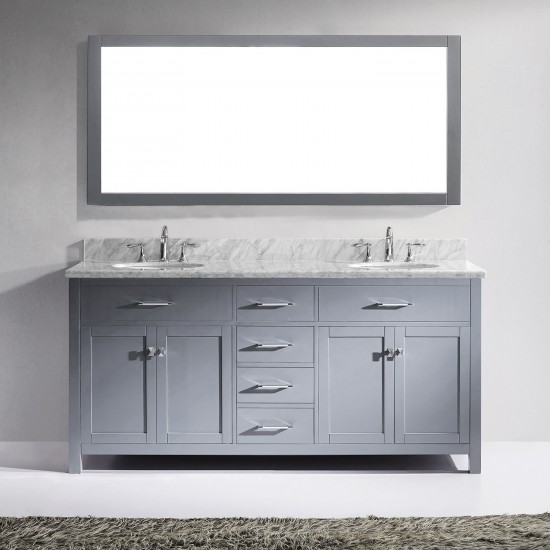 Caroline 72" Double Bath Vanity in Gray with White Marble Top and Round Sinks with Brushed Nickel Faucets and Matching Mirror