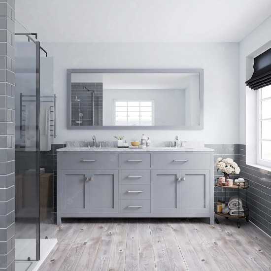 Caroline 72" Double Bath Vanity in Gray with White Marble Top and Round Sinks with Brushed Nickel Faucets and Matching Mirror