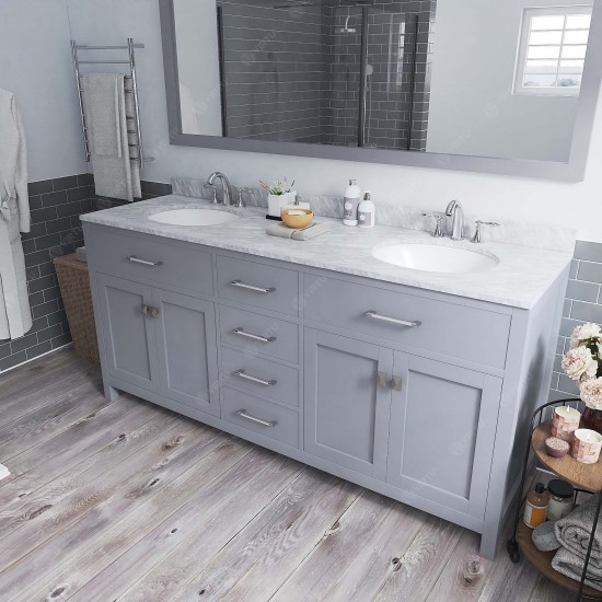Caroline 72" Double Bath Vanity in Gray with White Marble Top and Round Sinks with Brushed Nickel Faucets and Matching Mirror