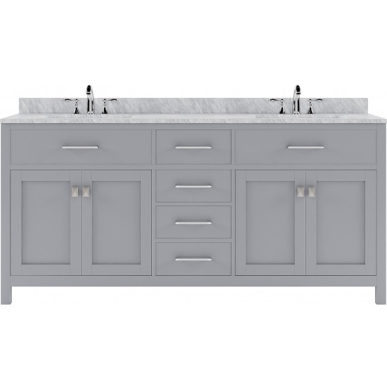 Caroline 72" Double Bath Vanity in Gray with White Marble Top and Round Sinks with Brushed Nickel Faucets